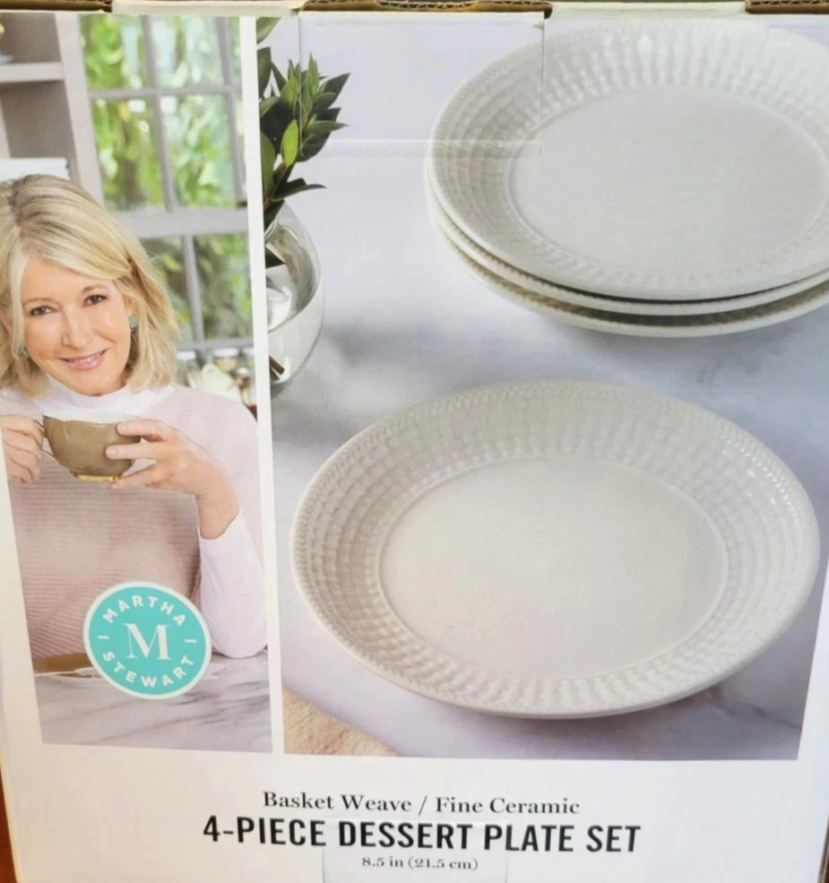 NEW! MARTHA STEWART Basket Weave Set/4 Ceramic Dessert/Salad Charcuterie Plates!
