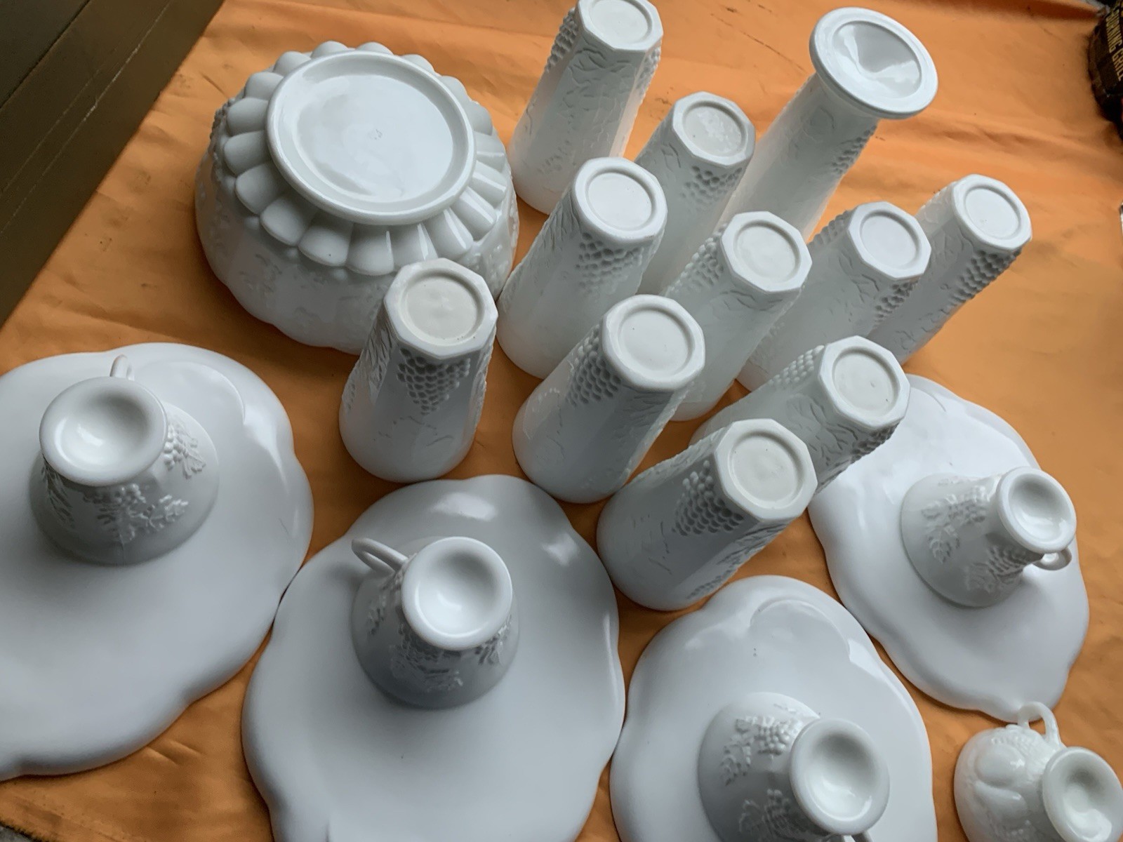 White Ceramic Grapevine Embossed Dinner Set Plates Cups Bowls Tumblers Vintage