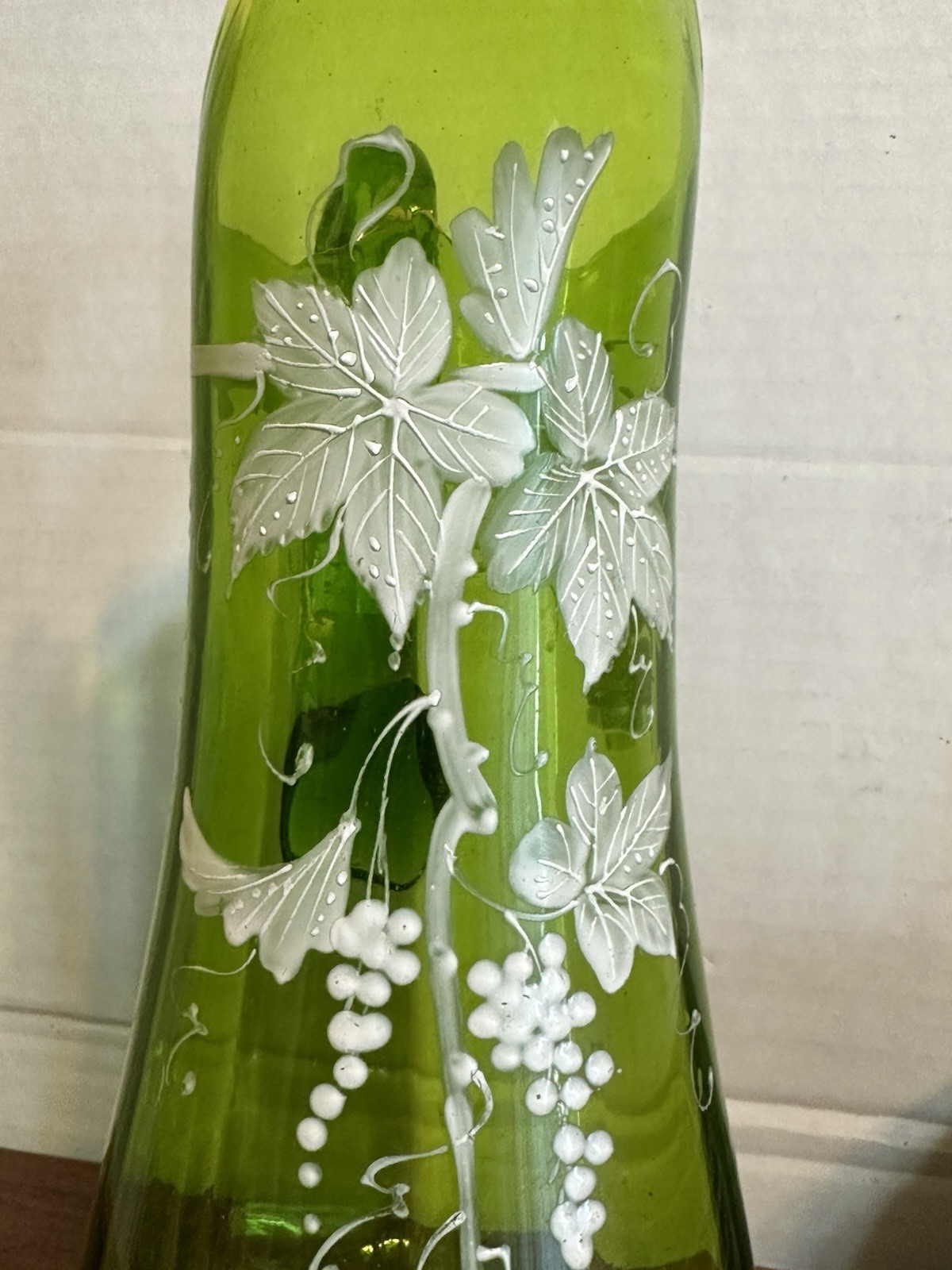 Antique Victorian Green Glass Hand Blown Pitcher 3-D Enamel Work Grape Vines
