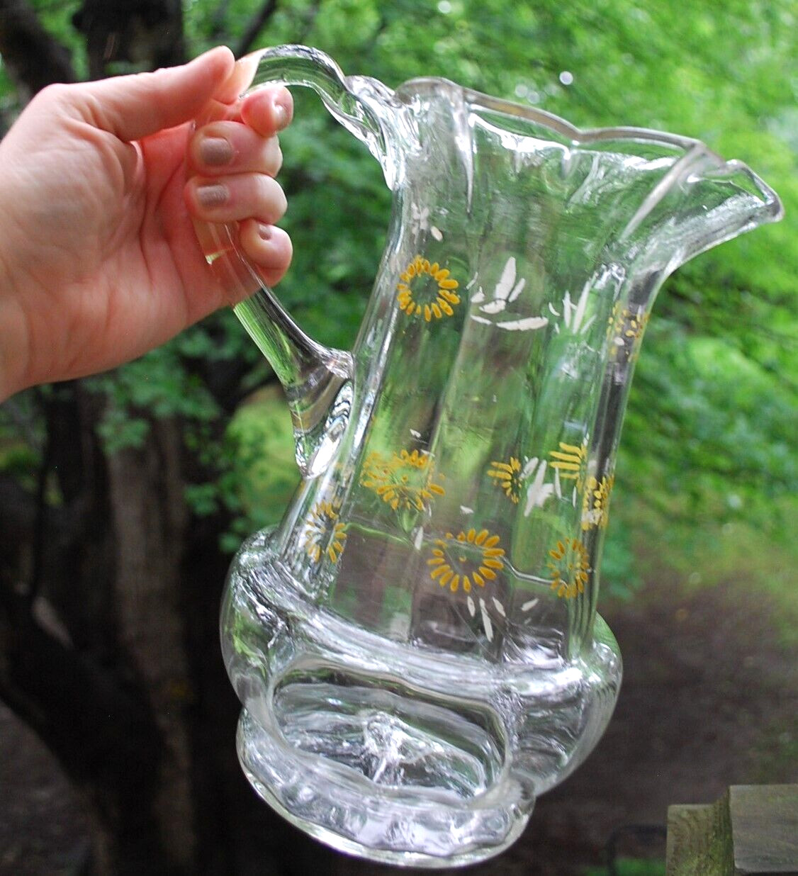 Antique Victorian PITCHER Clear Optic Glass FLORAL ENAMELED DAISIES Petal Rim