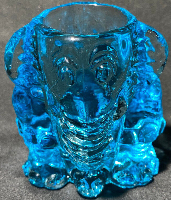 Blue Vaseline glass Circus elephant toothpick Q-tip holder uranium match crying