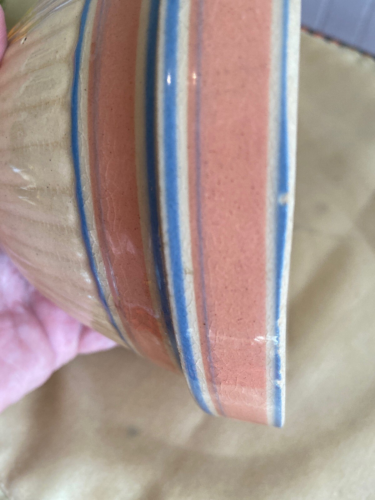 Antique Yelloware Bowl Nesting Mixing Blue Pink Stripes Small 6.25 in. #2 Bx1