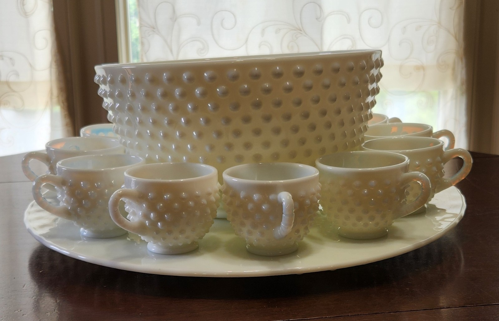 Vintage Fenton Hobnail Milk Glass Punch Bowl Set 9 Cups~