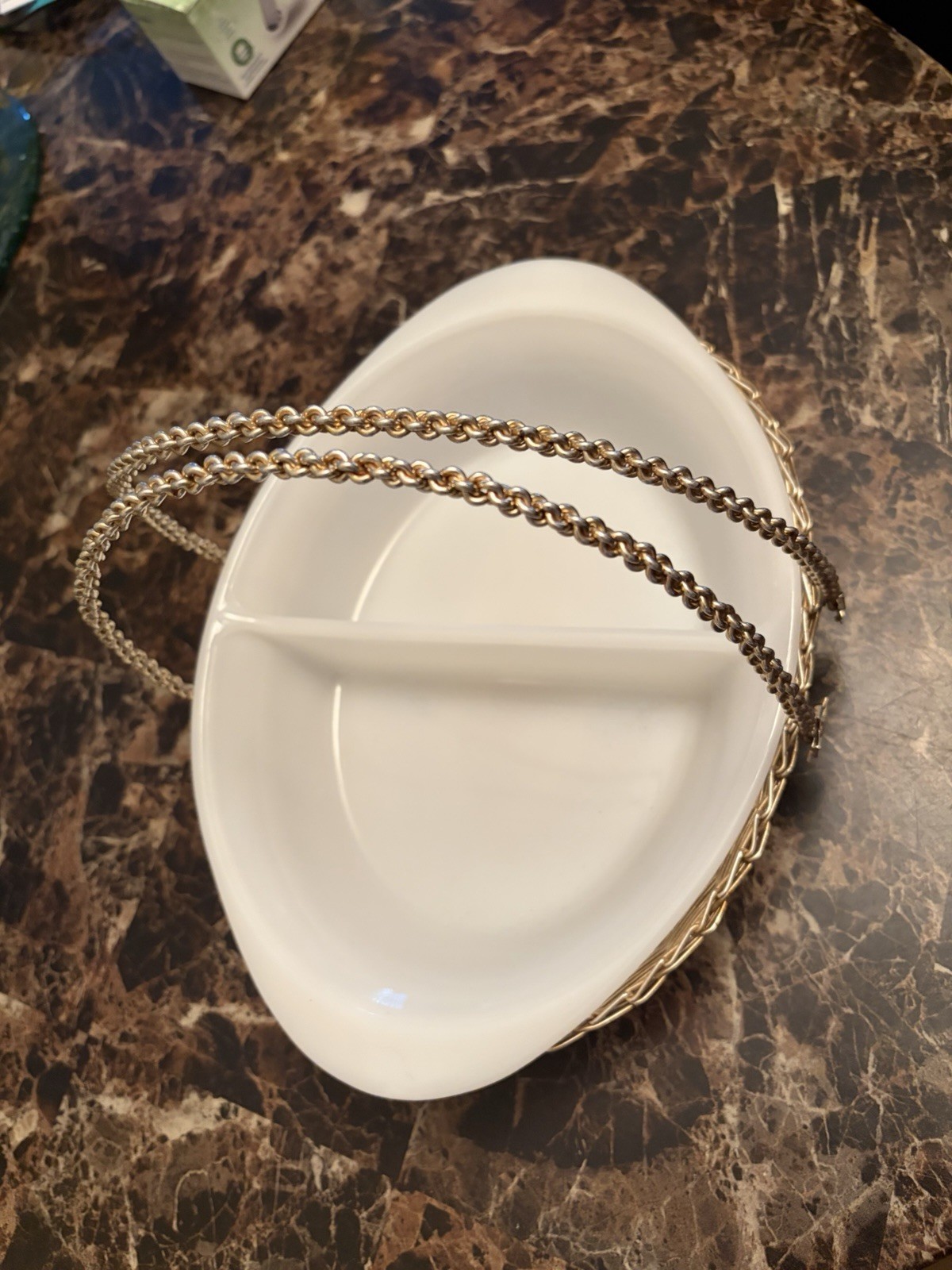 VINTAGE GLASBAKE MILK GLASS OVAL DIVIDED CASSEROLE DISH WITH BASKET HOLDER
