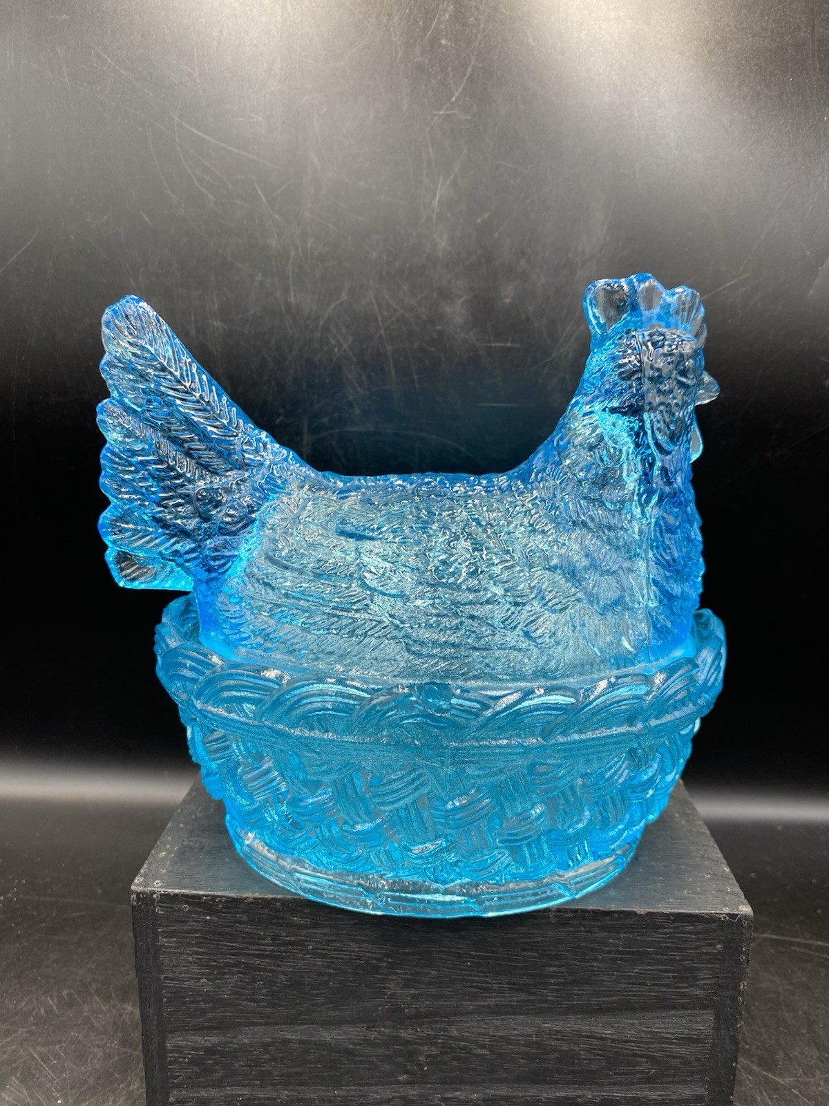 Blue Transparent Glass Hen On Nest Candy Dish