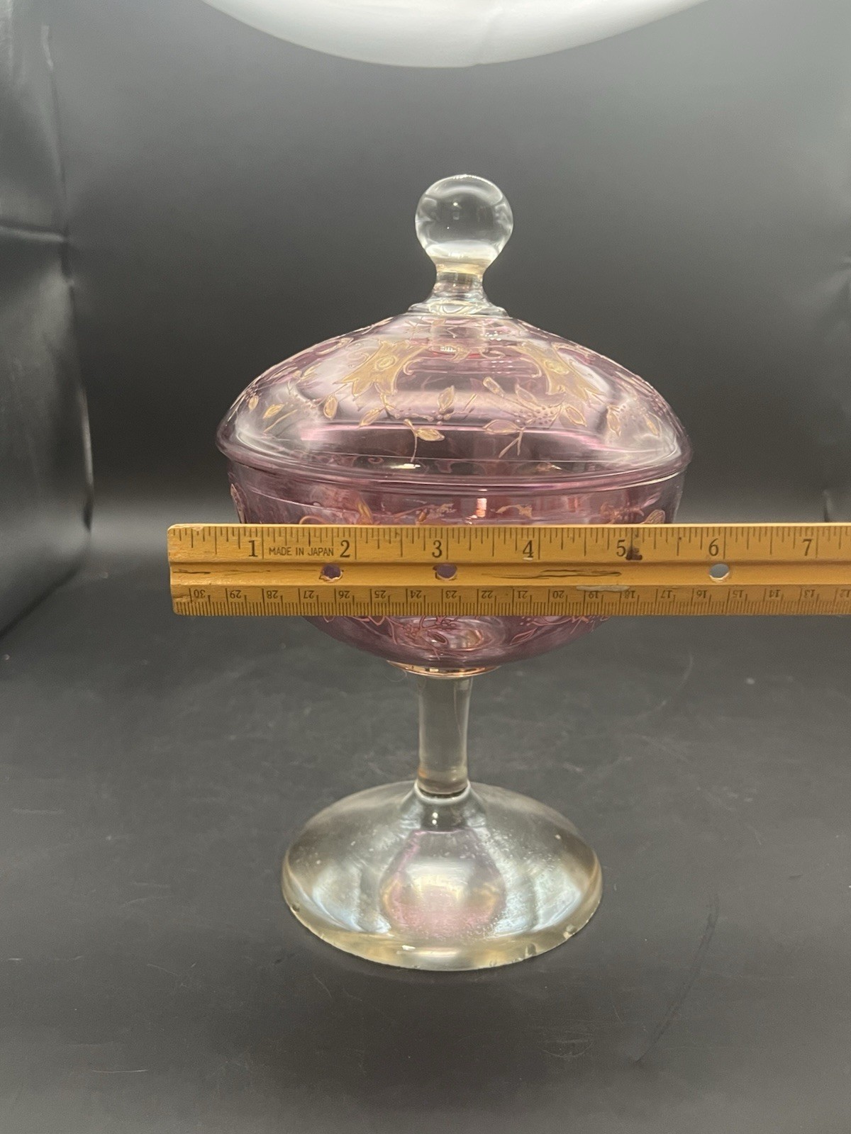 Cranberry Glass Candy Dish Bohemian Czech Lidded Pedestal Gold Details Vintage