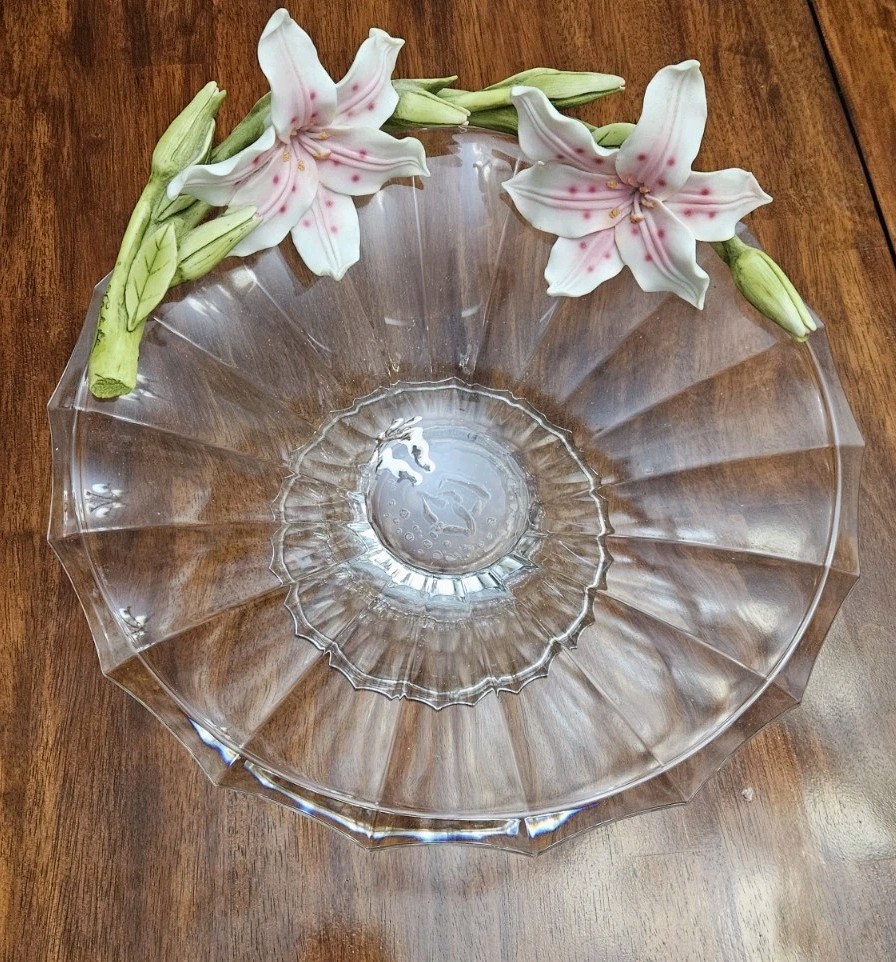 Vintage Floral Centerpiece Glass Pedestal Bowl & Matching Porcelain Lily Candle