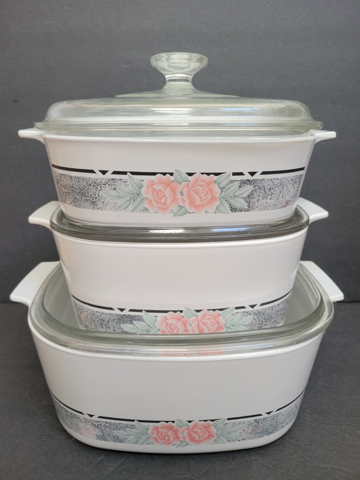6pc Corning Silk & Roses Casserole Dishes A-2-B, A-3-B, A-5-B w/ Pyrex Lids EXC