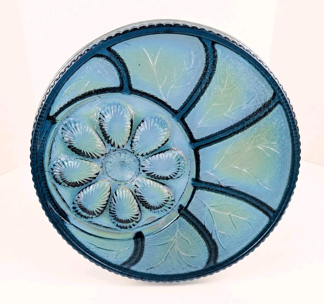 Vintage Indiana Glass Blue Carnival Deviled Egg Relish Tray Platter Iridescent