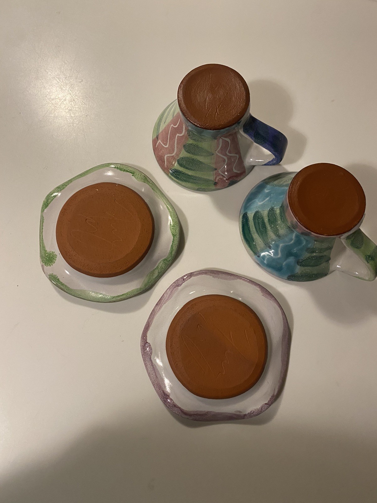 McKenzie Child Inspired Studio Pottery Cups & Saucers Handmade Signed Set Of 2