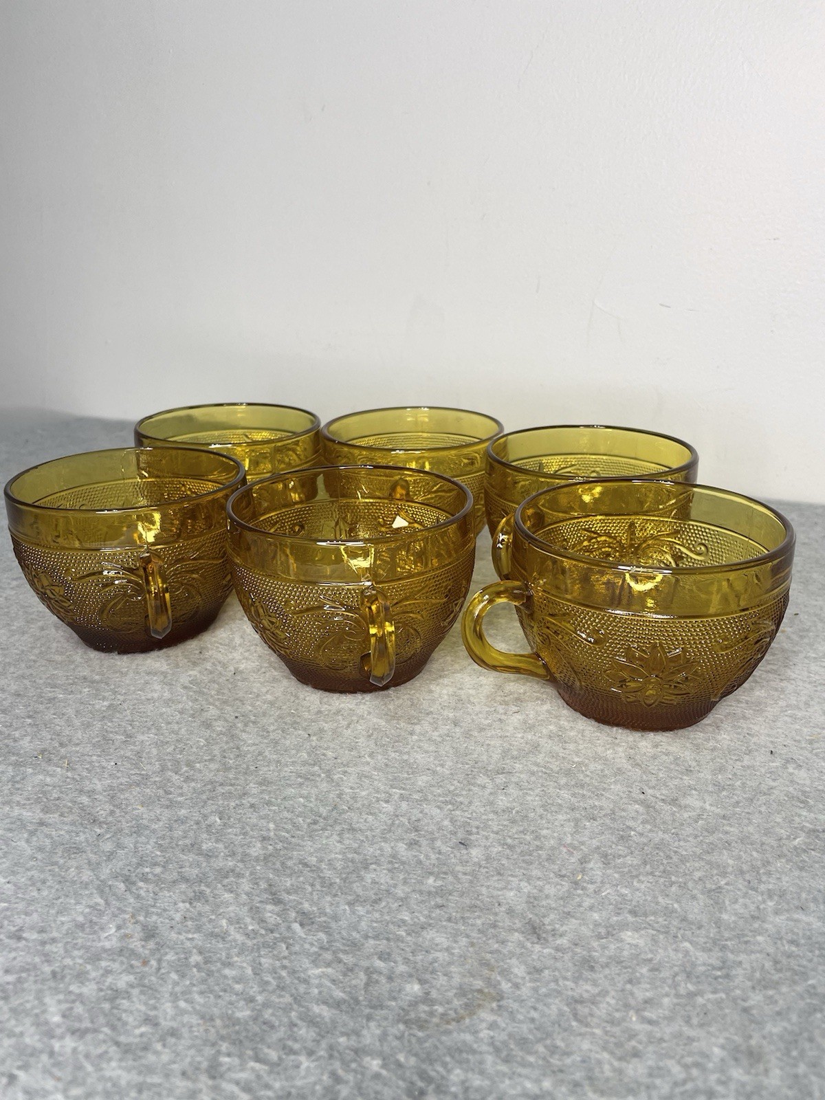 Tiara Chantilly Daisy Sandwich Amber Indiana Glass Coffee Tea Cup set of 6
