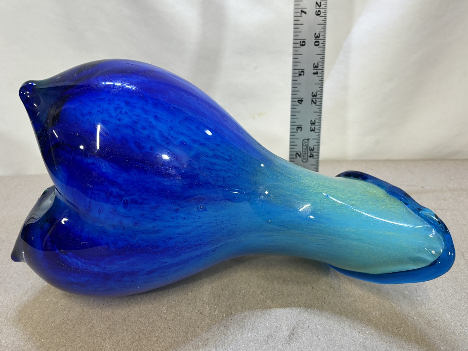 Hand Blown Murano 3 Sided Cased Cobalt Blue to Yellow Glass Pitcher