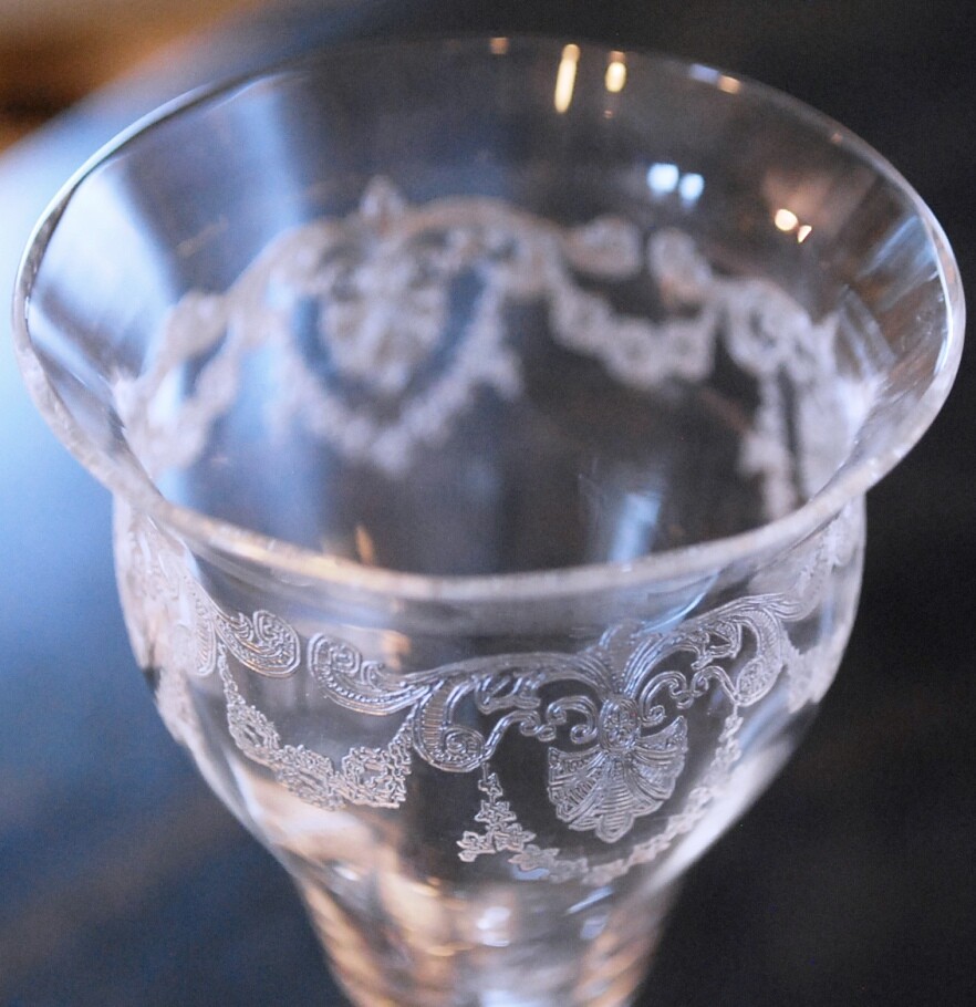 Antique BRYCE Set 3 Cocktail Glasses 5″ NEEDLE ETCHED OPTIC GLASS Garlands c1900