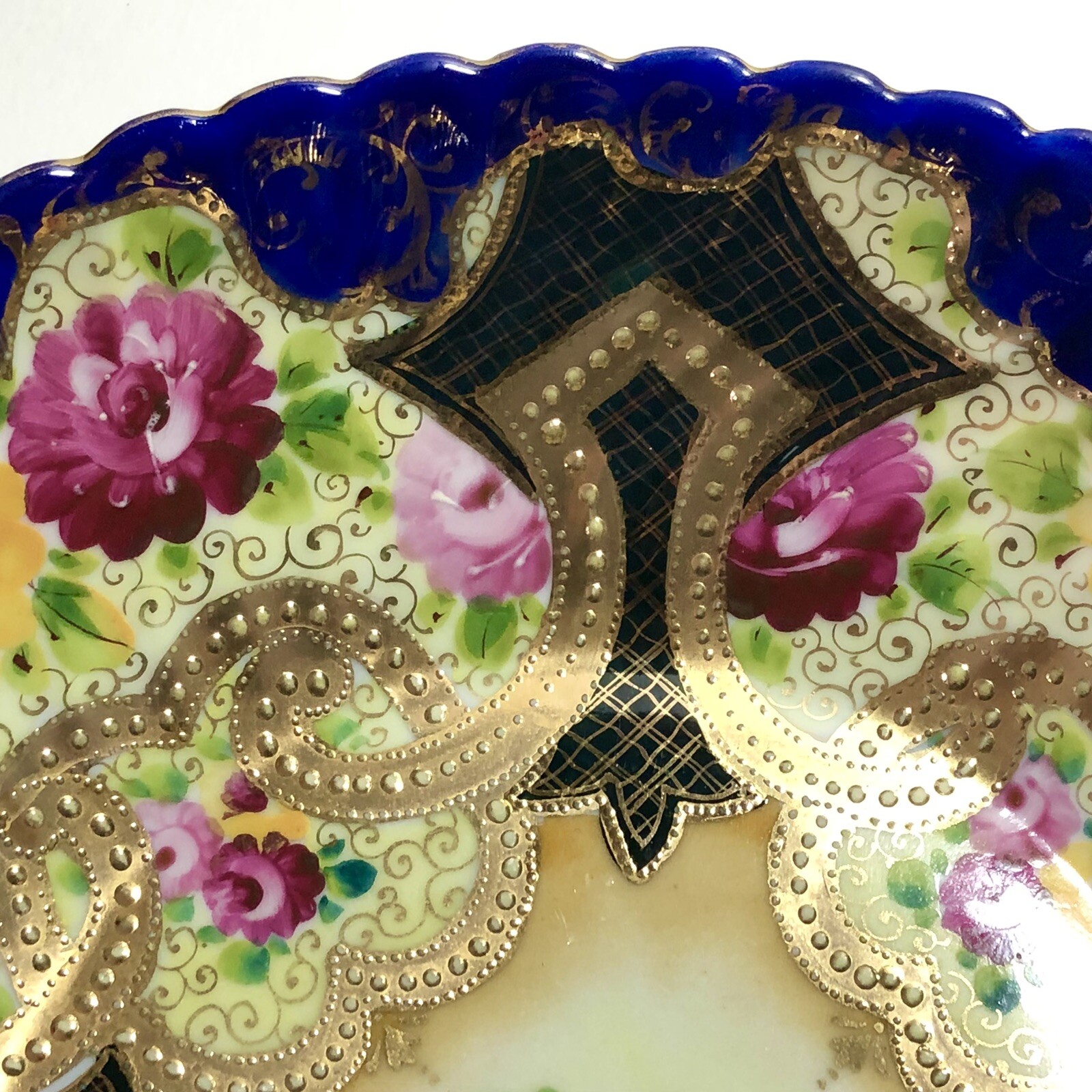 Antique Nippon Hand Painted Gold Cobalt Blue PINK & YELLOW FLOWERS Serving Bowl