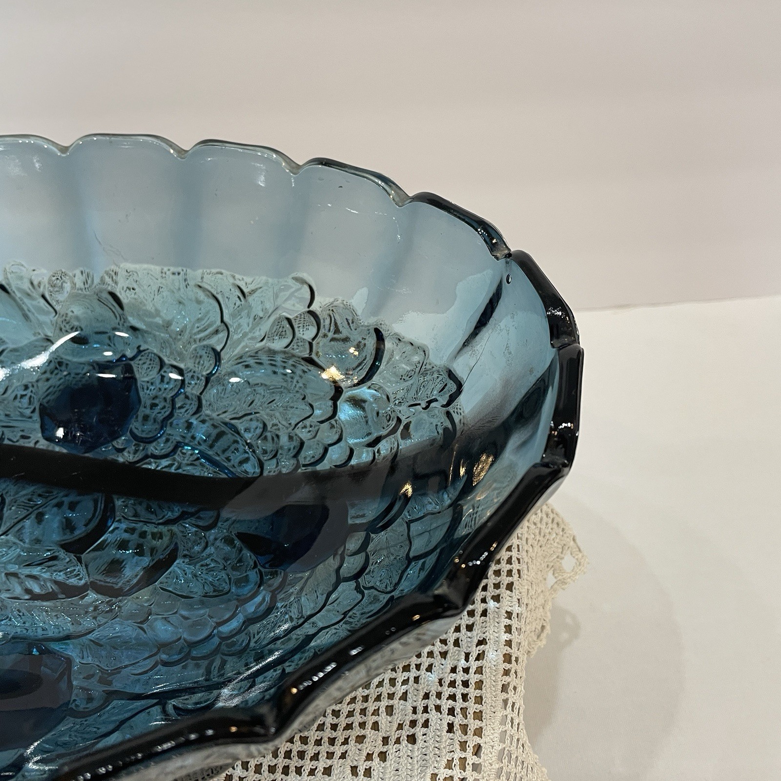 Vintage Indiana Glass Blue Garland Fruit Bowl Footed Oval 12inches Harvest Grape