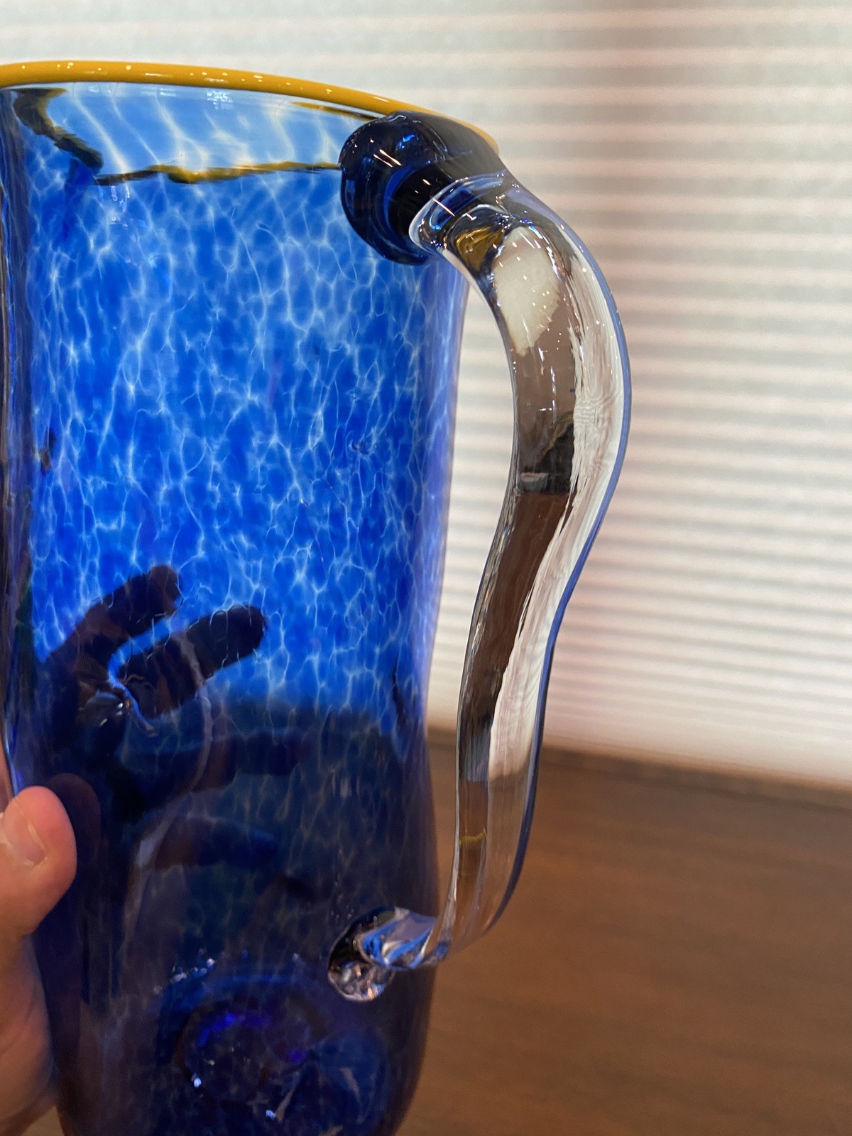 GEORGEOUS LARGE 2019 Cobalt Blue & Yellow Art Glass Pitcher 11.5″H Signed