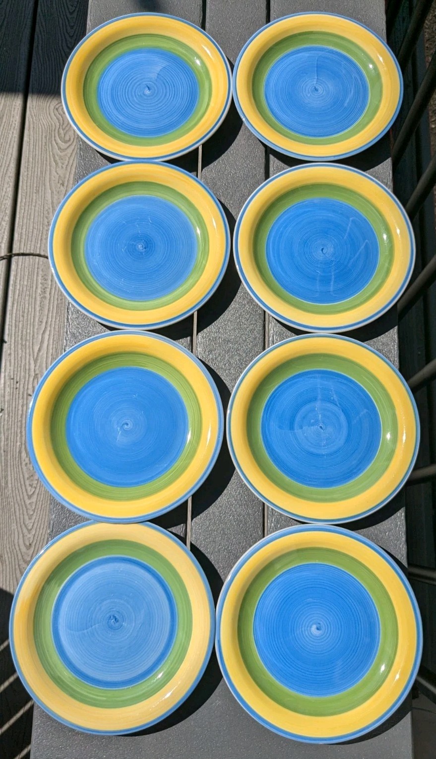 Set Of 4 Trisa Hand Painted Stoneware Salad Plates 7.5” Yellow Green Blue