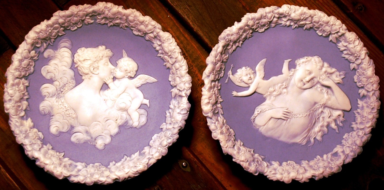 Set 2 Antique SCHAFER & VATER Blue Jasperware Wall Plaque Dishes CUPIDS/WOMEN 3D
