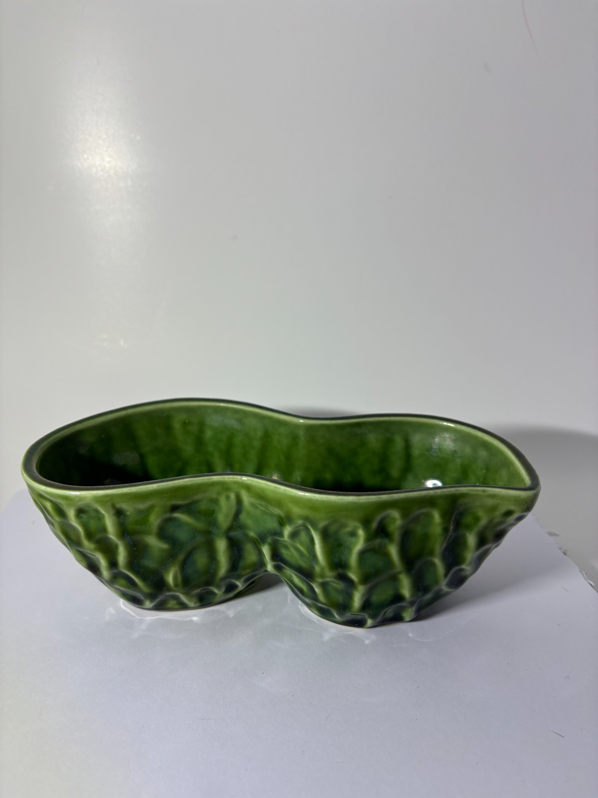Vintage Hull USA Pottery Green Double Divided Dish Bowl 115 MCM Textured