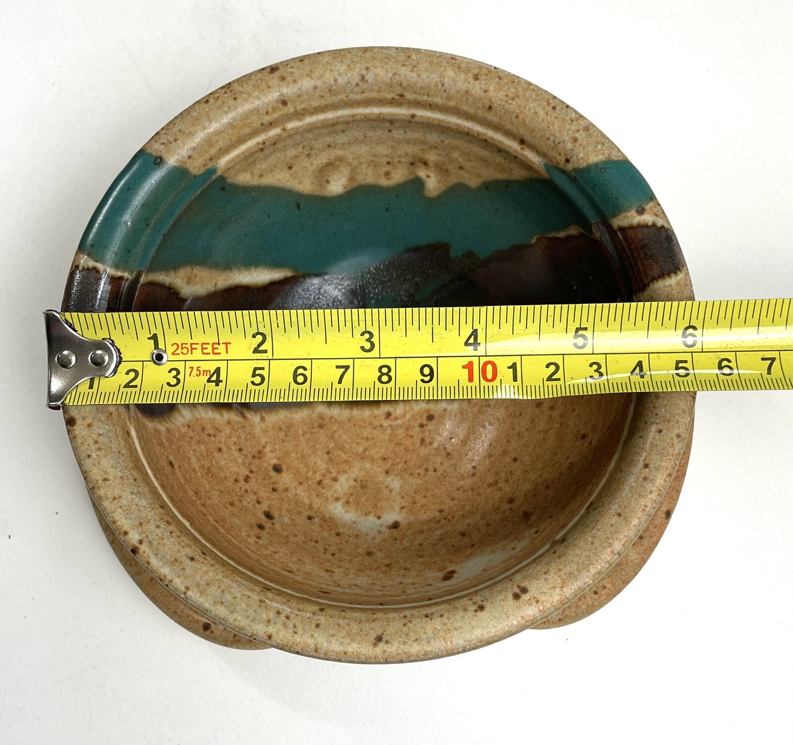 Vintage Drip Glaze Pottery Bowl with Attached Plate Signed
