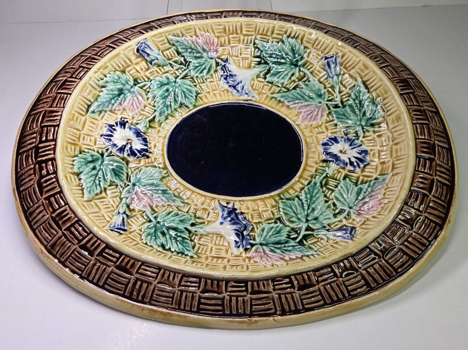 Antique Oval Majolica Basket Weave Footed Platter Floral Bread Bowl Cobalt 12¾”
