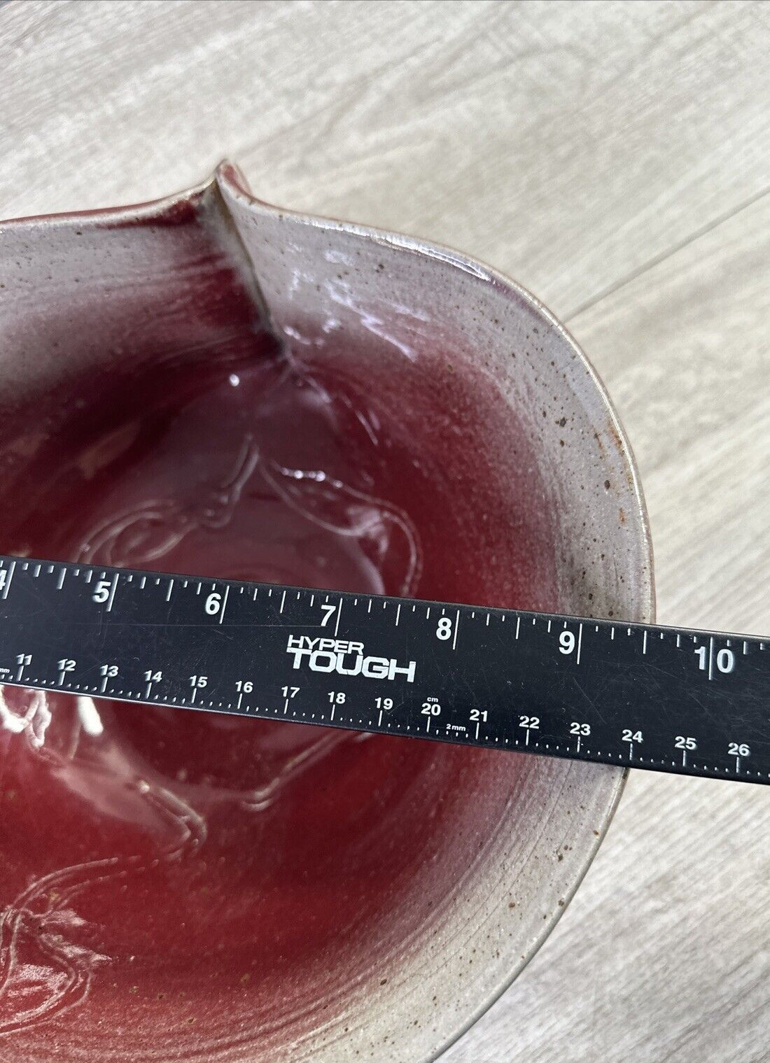 Studio Made Pottery Bowl Pinched Side Red Gray Abstract Design Signed