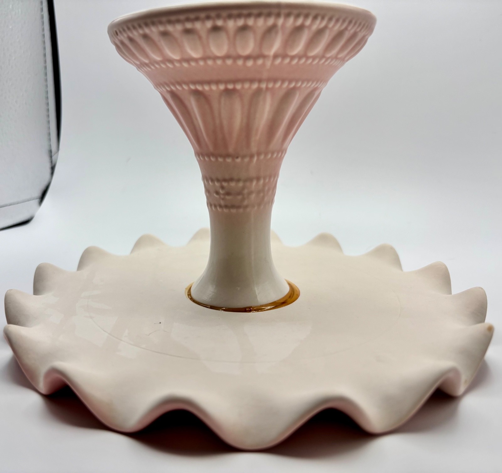 Glitterville Handmade Pink Ceramic Ruffled Pedestal Cake Stand 7.75″ x 5″