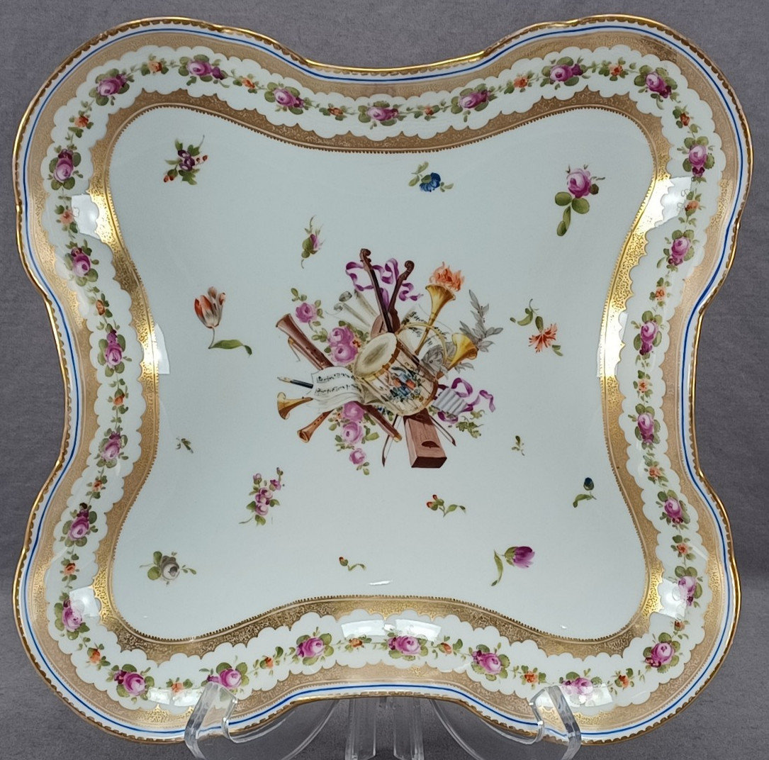 Dresden Nyon Style Musical Instruments Pink Roses & Gold 10 1/8 Inch Square Bowl
