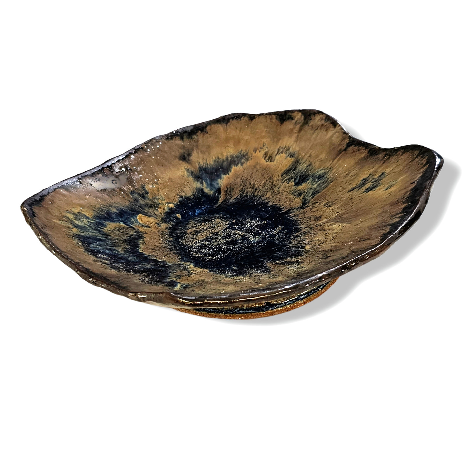 Vintage Studio Art Pottery Raised Footed Bowl Ceramic Blue Brown Signed 8.5″