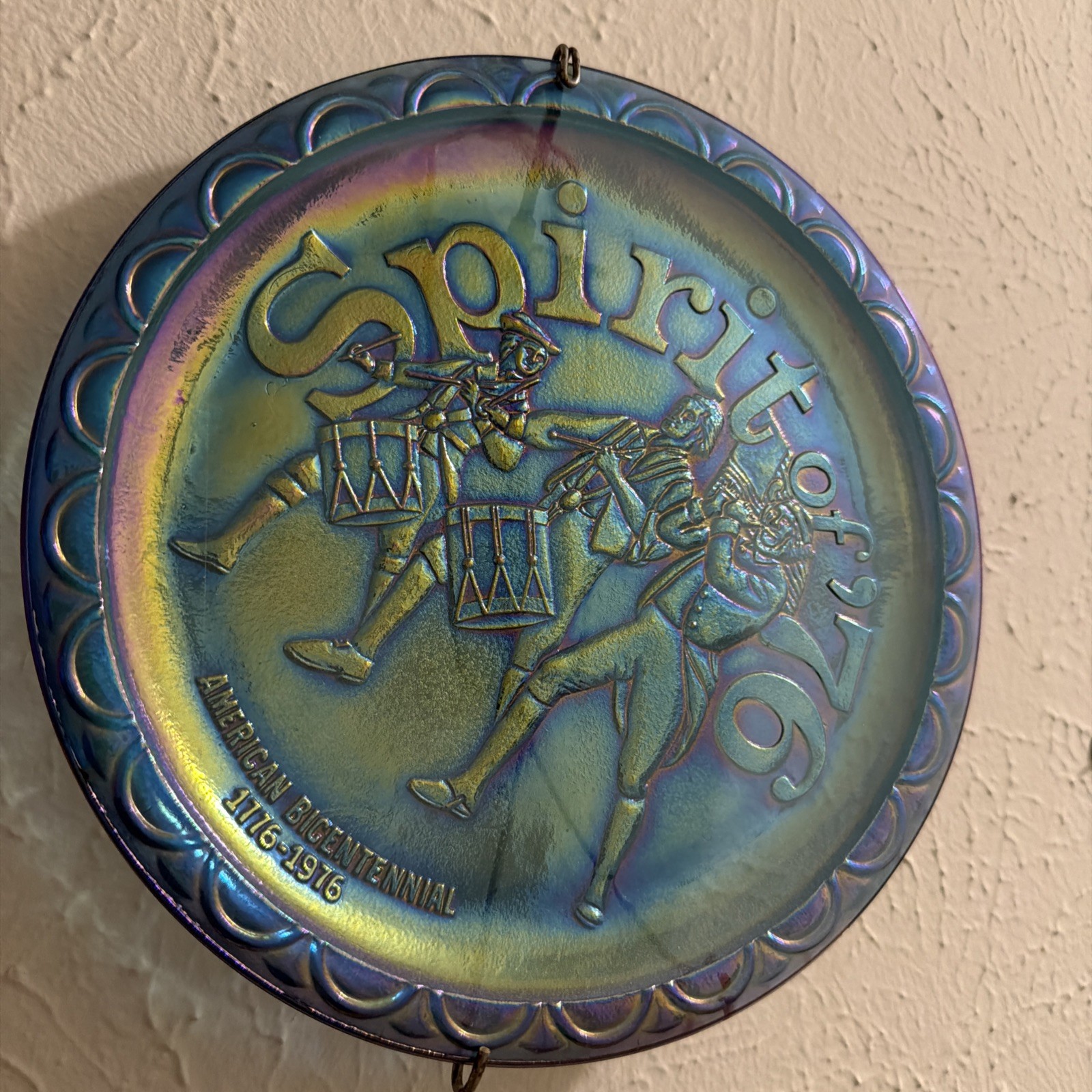 Vintage Indiana Glass Co. Iridescent Blue Independence Hall Plate 8″D 2 plates