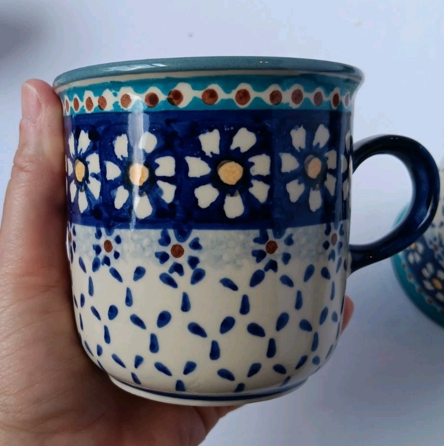 Polish Pottery Tea/Coffee Set, Tray, 2 Mugs/Cups, Creamer, Sugar Bowl W/ Lid