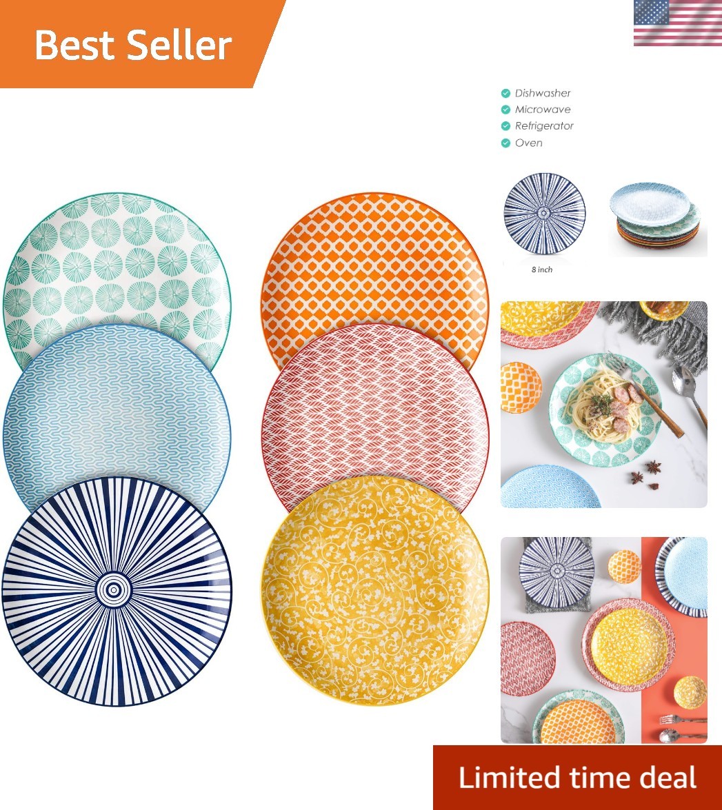 Unique Floral Design: 8-Inch Lead-Free Porcelain Plates, Set of 6 Vibrant Colors