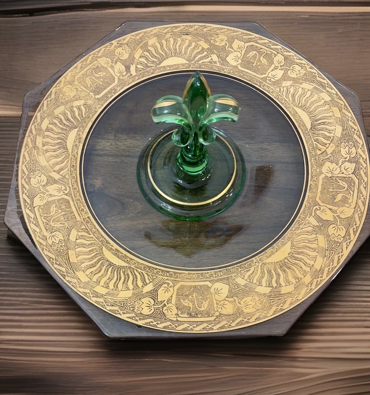 Vintage Fostoria Fleur De Lis Center Handle Glass Serving Tray 11.5″ Uv Reactive