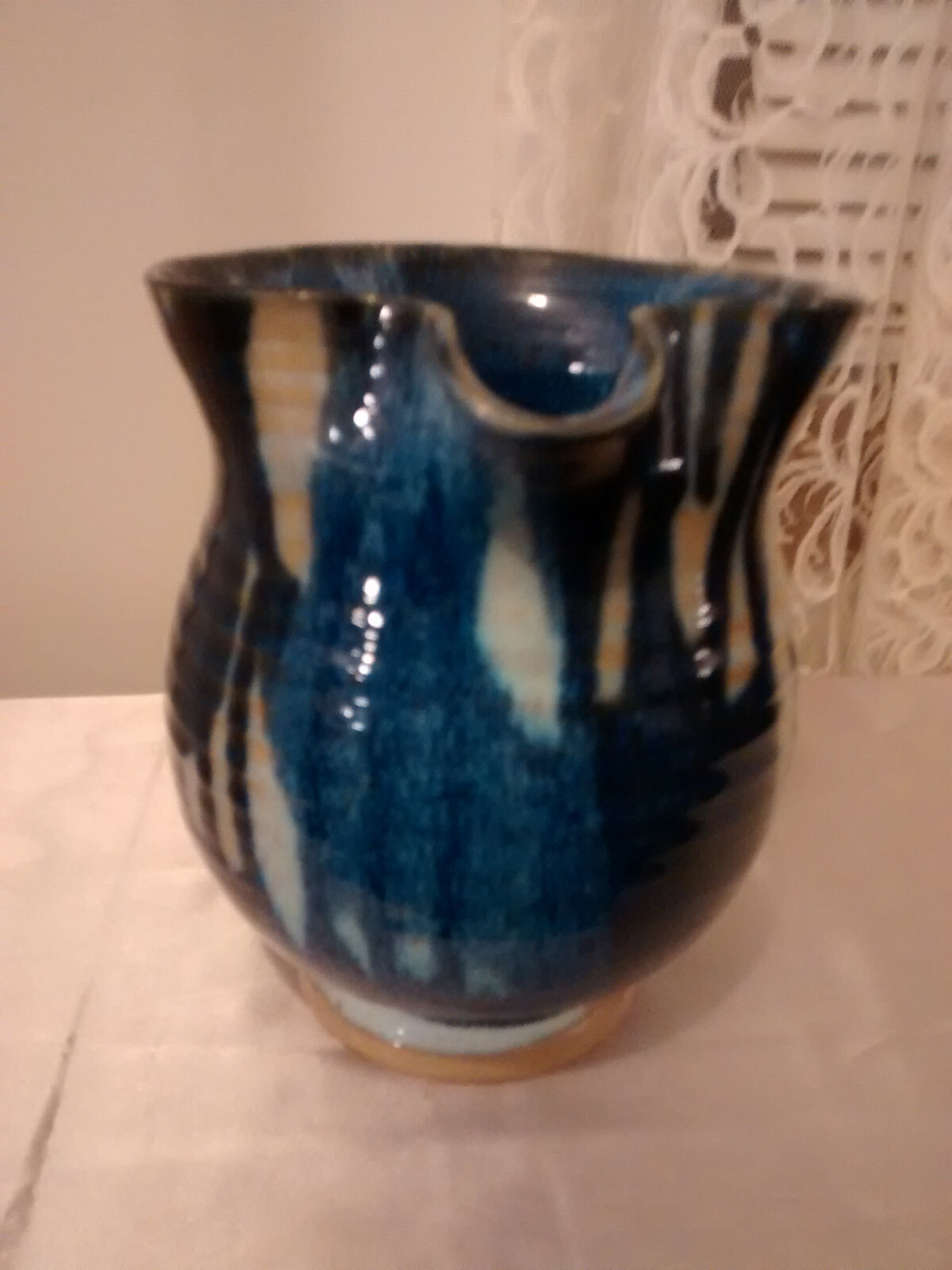 Pottery Pitcher Blue Grey Tan 7 1/4 Inches Tall Pinched Spout Thumb Rest Handle
