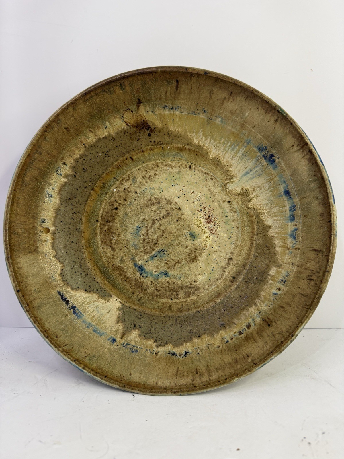 Signed Studio Pottery Serving Bowl Blue Drip Glaze 11” Handmade