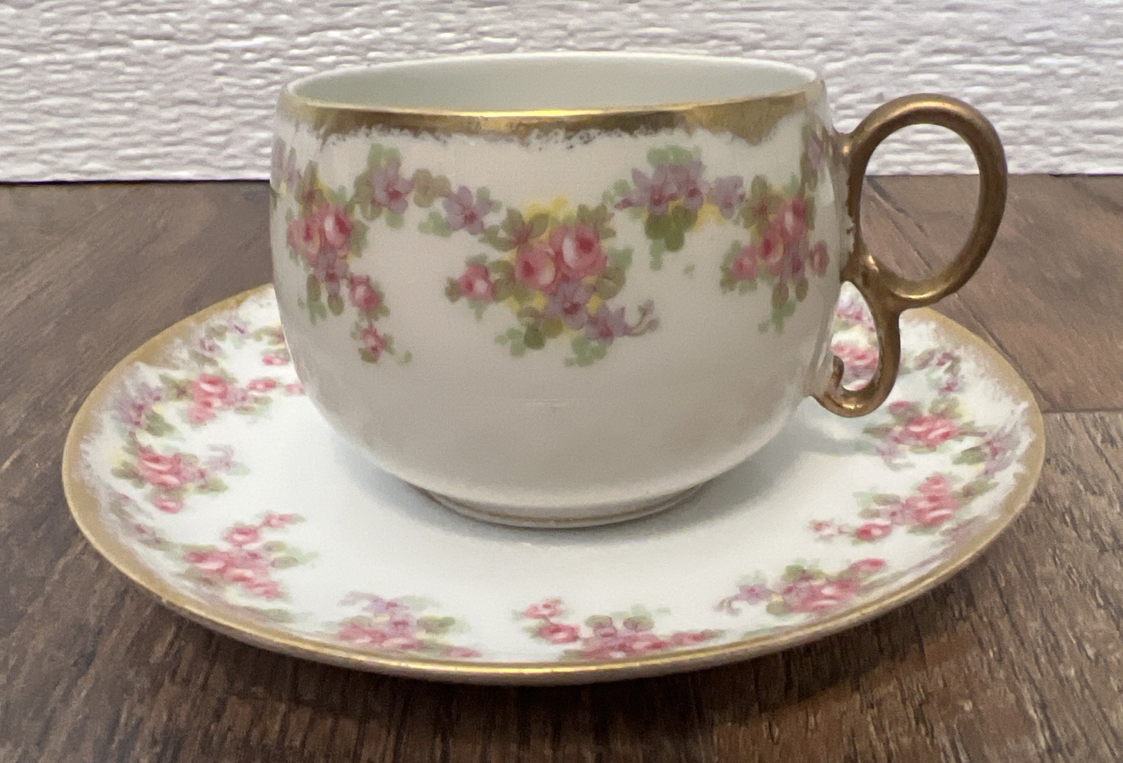VTG Elite Works Limoges France Bridal Wreath Tea Cup & Saucer Pink Gold Trim