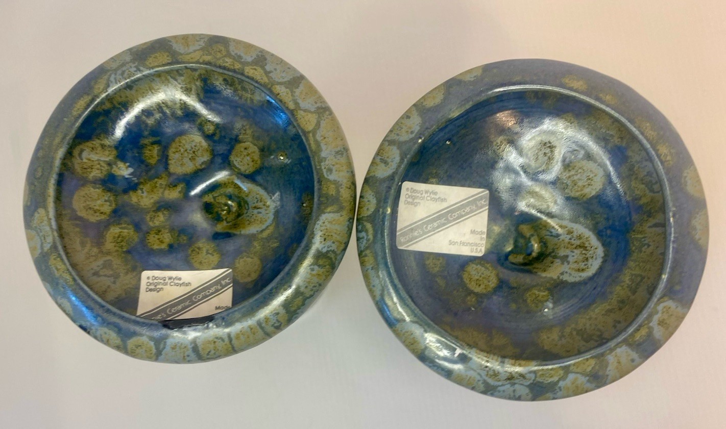 2- New Doug Wylie Studio Pottery Goblets Footed Whale Tail Mugs Blue Drip Glaze