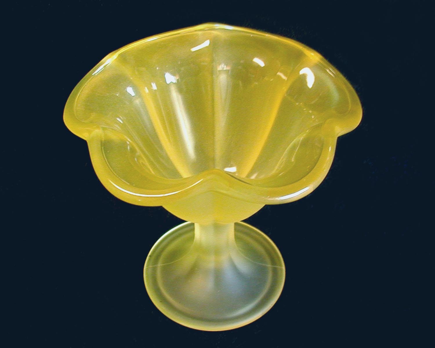 Two Large TULIP SHAPED Frosted Stemmed Ice Cream Dishes LIGHT YELLOW Pressed