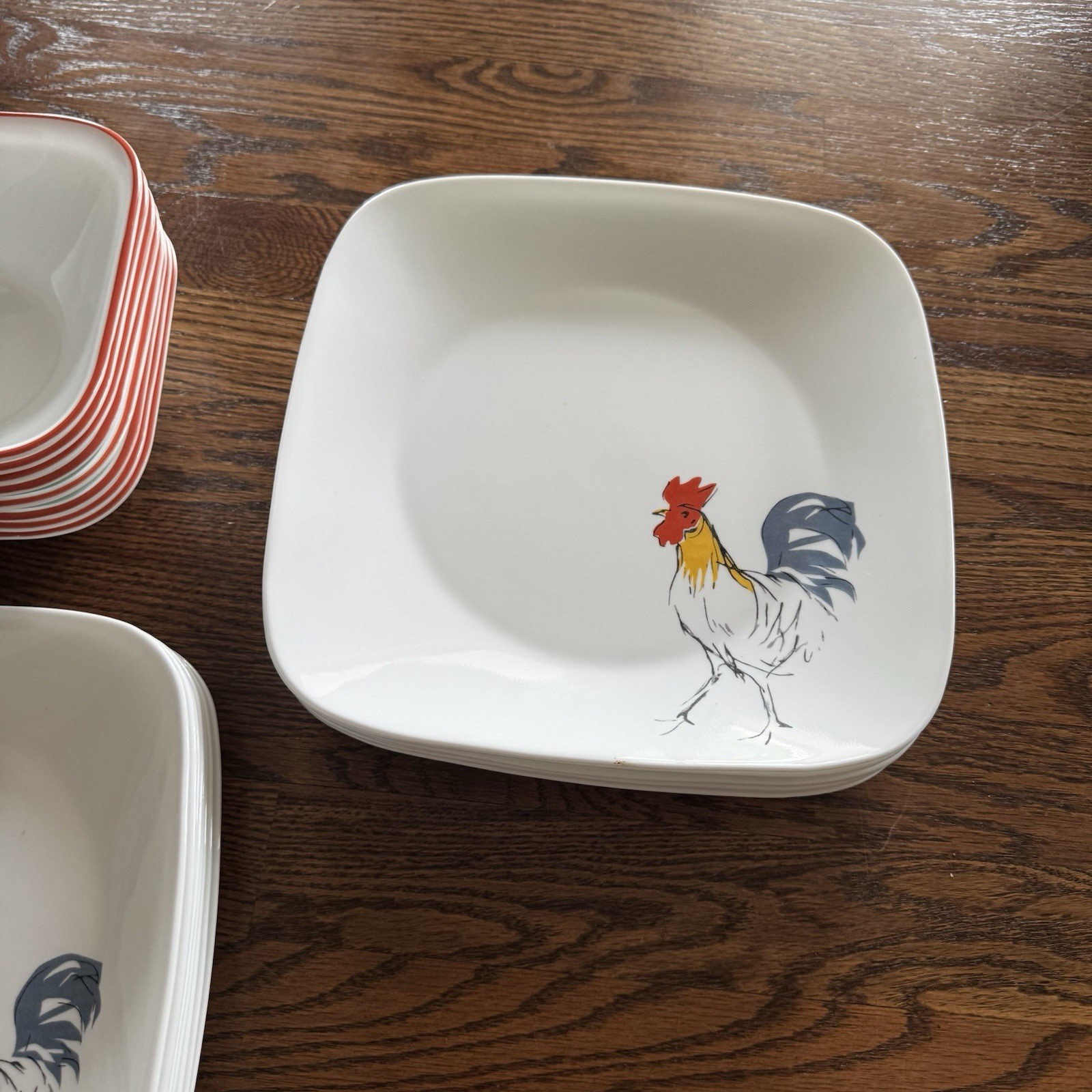 24 PC SET Corelle Square Rooster Country Dawn Dinner Plates And Square Bowls