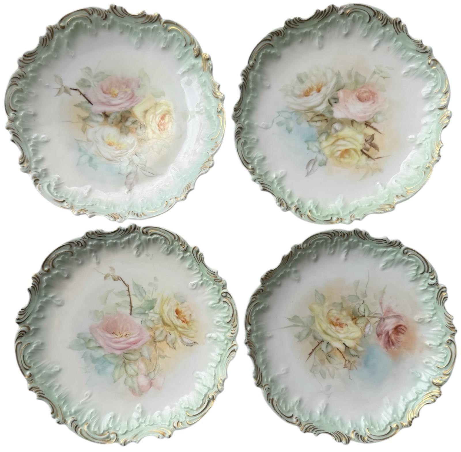 Antique Limoges France Plate Set 4 Hand Painted 1899 Scalloped Embossed Floral
