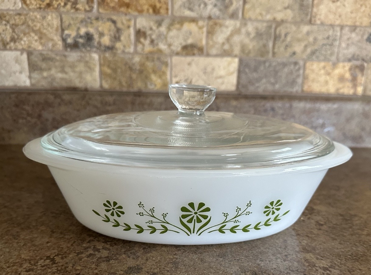 Vintage Glasbake Casserole Dish J235 ~ 1 QT Green Daisy Milk Glass Oval With Lid