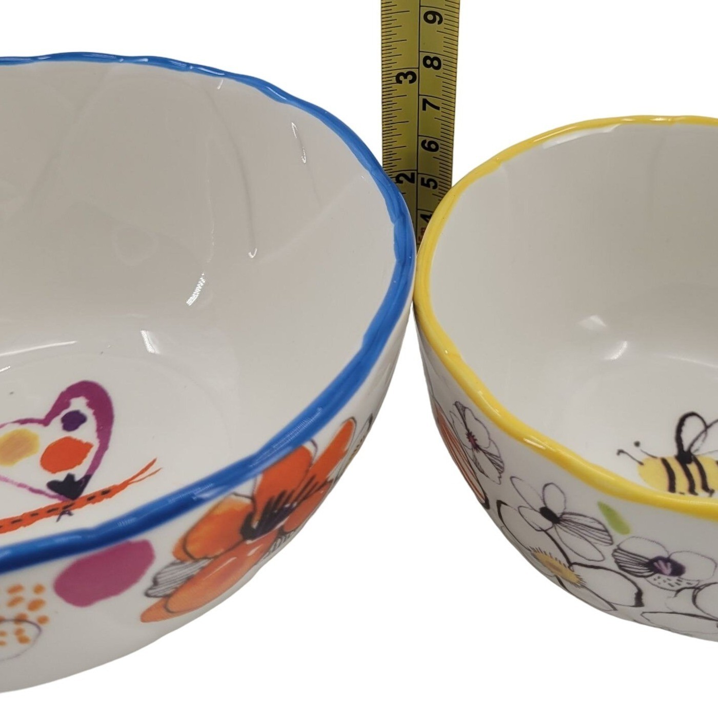 Tag bowls with colorful flowers, butterfly and bee set of 2