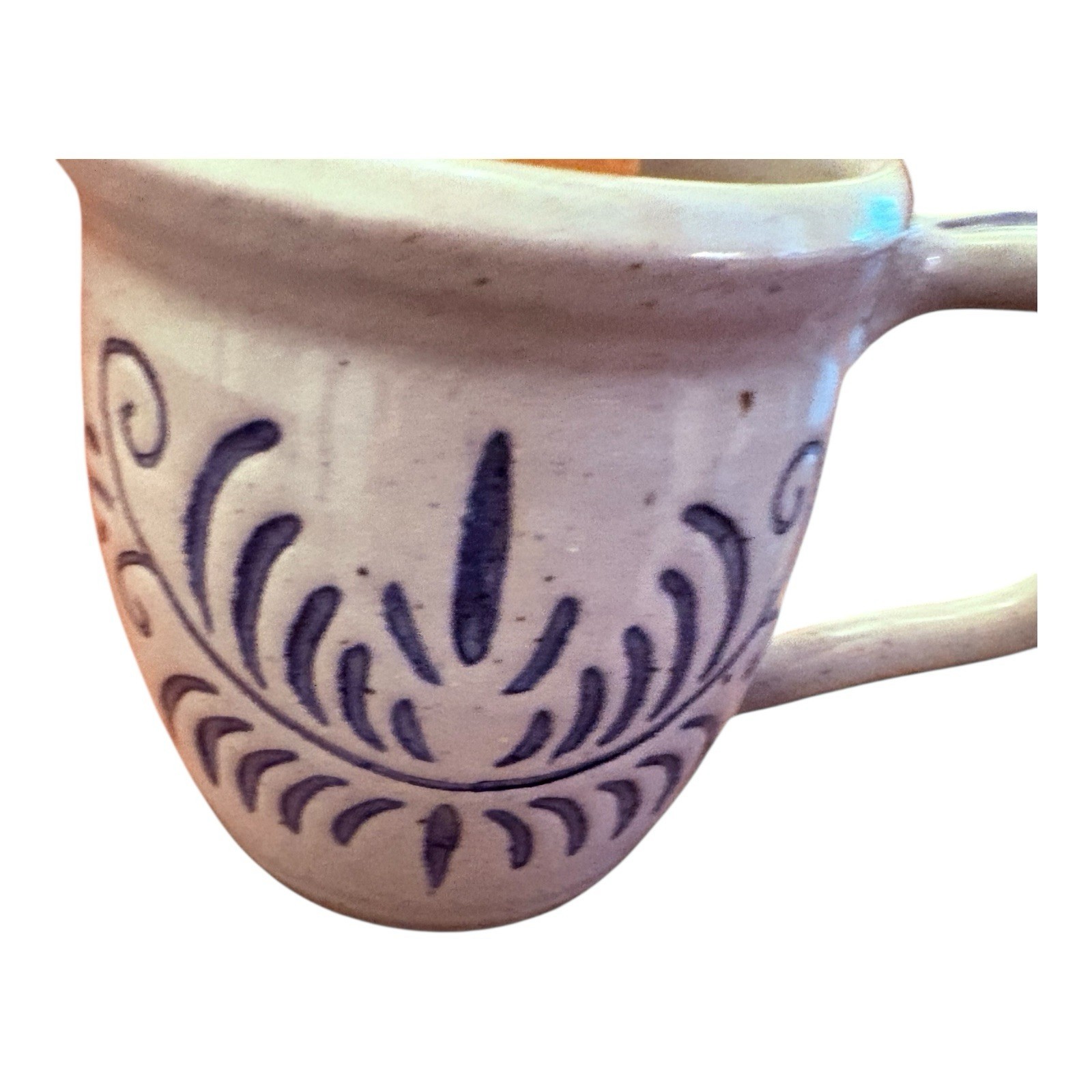 Signed Studio Art Pottery Salt Glazed Mug With Applied Handle *See Ding picture