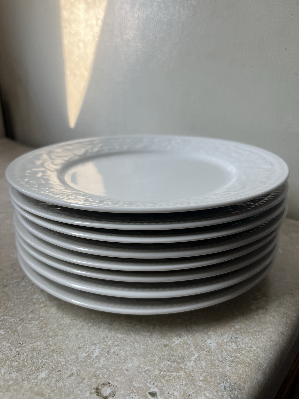 (8) Sango “Garland 8837″ Stoneware Salad Plates ~ 8” Dia. Embossed Ivory White