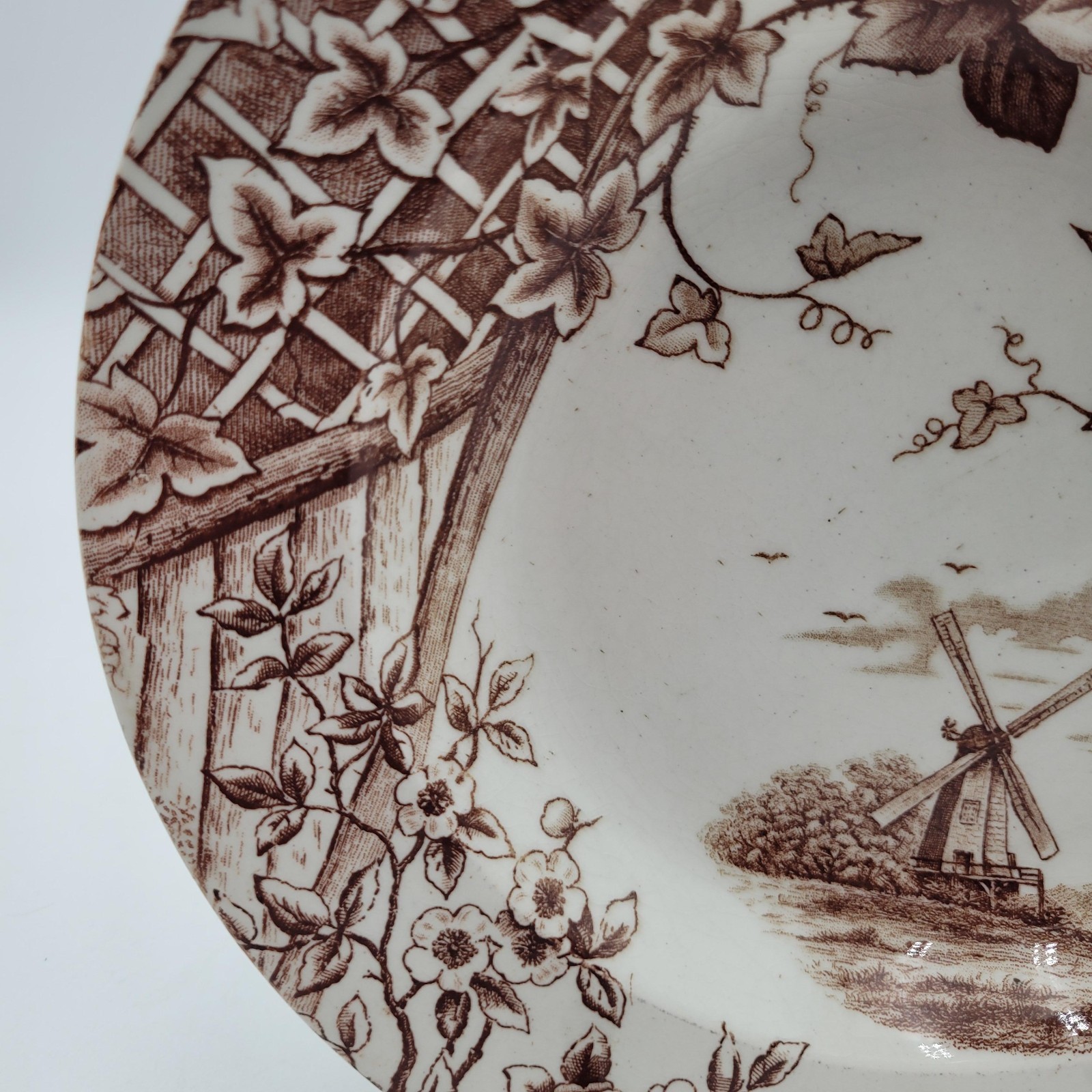 Antique c1890 JH Davis Victor Brown Earthenware Transferware Windmill Dish Plate
