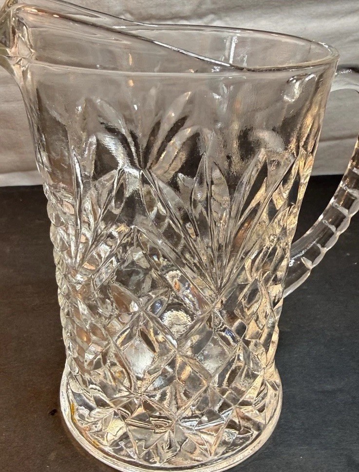 Vintage Pressed Glass Mini Pitcher 5” Starburst Diamond Pattern Clear Creamer