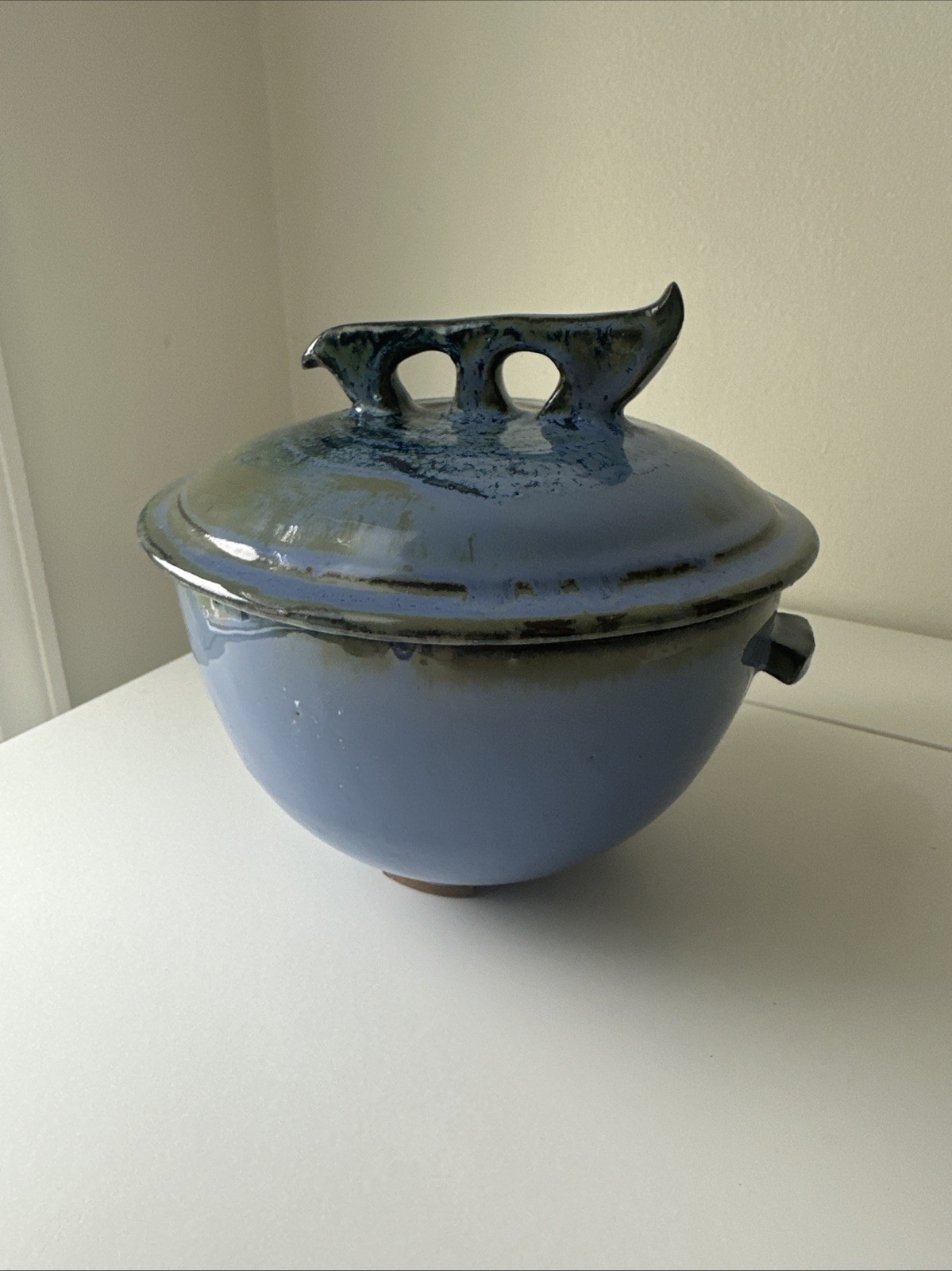 Vintage Studio Pottery Covered Bowl Blue Glaze Handmade Ceramic Dish