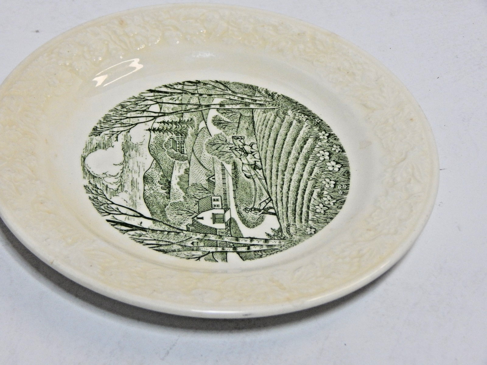 Vintage Homer Laughlin Pastoral Patterm Dessert Plate w/ embossed floral & farm