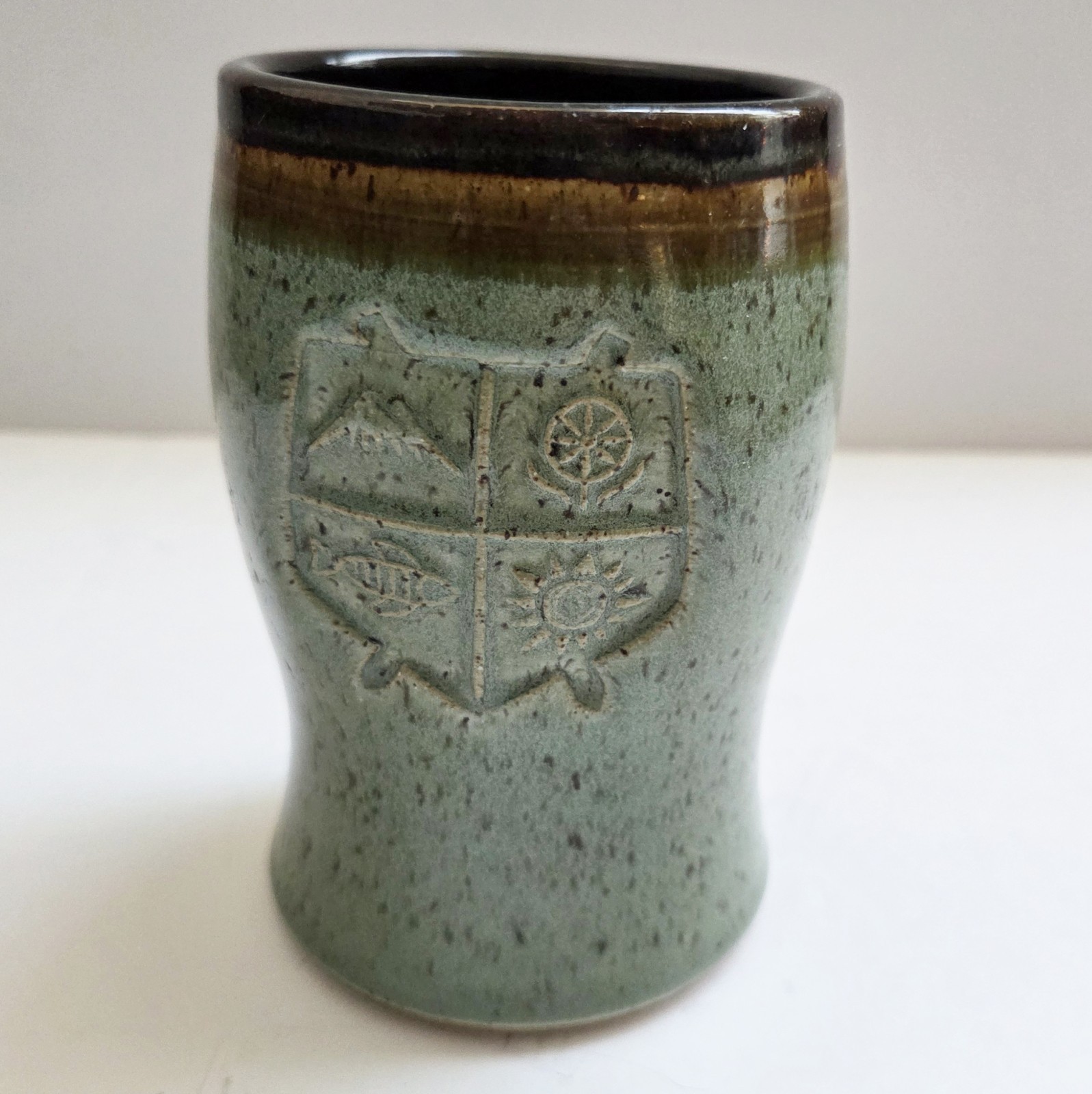 Moza Studio Pottery Mug Artist Theresa Murray Hand Stamped Nature Theme 5″ Tall