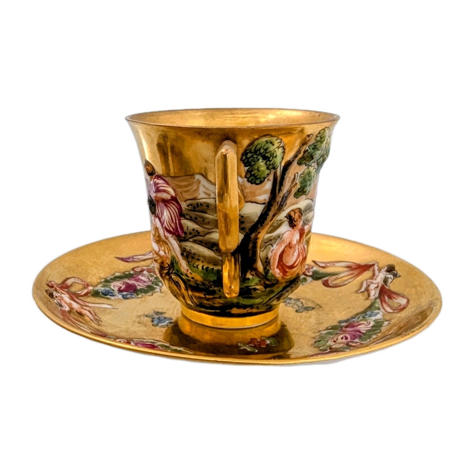 Antique 19th Century Gold Capodimonte Cherub Design Demitasse Cup Saucer N